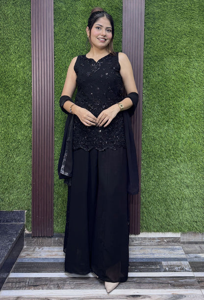 Chinnon Silk Peplum Sharara Suit with Bead Work Net Top & Choker Dupatta