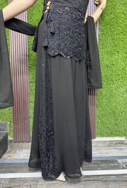 Chinnon Silk Peplum Sharara Suit with Bead Work Net Top & Choker Dupatta