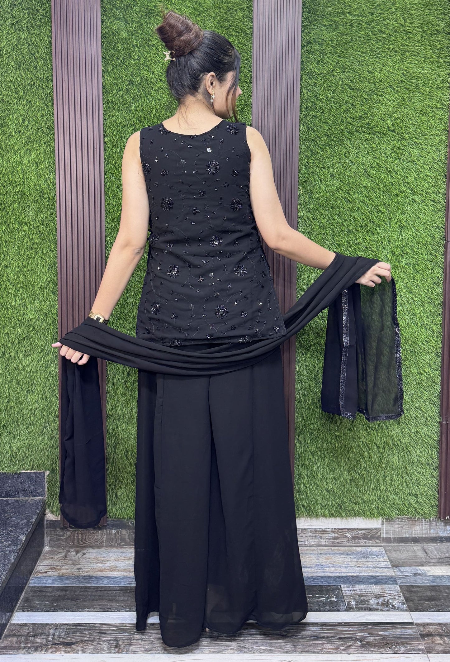 Chinnon Silk Peplum Sharara Suit with Bead Work Net Top & Choker Dupatta
