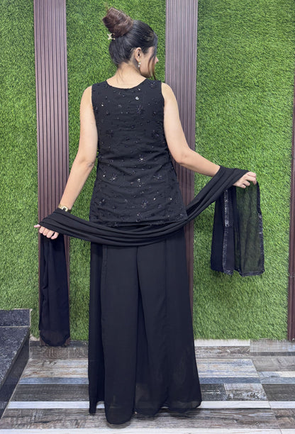Chinnon Silk Peplum Sharara Suit with Bead Work Net Top & Choker Dupatta