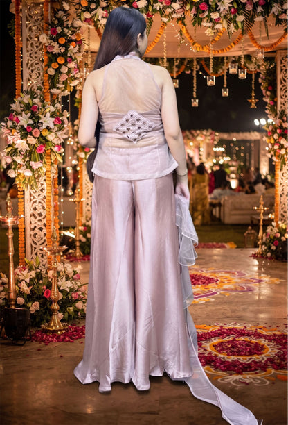 Imported Silk Bustier Cord Set with Cut Work Shirt & Net Ruffle Dupatta