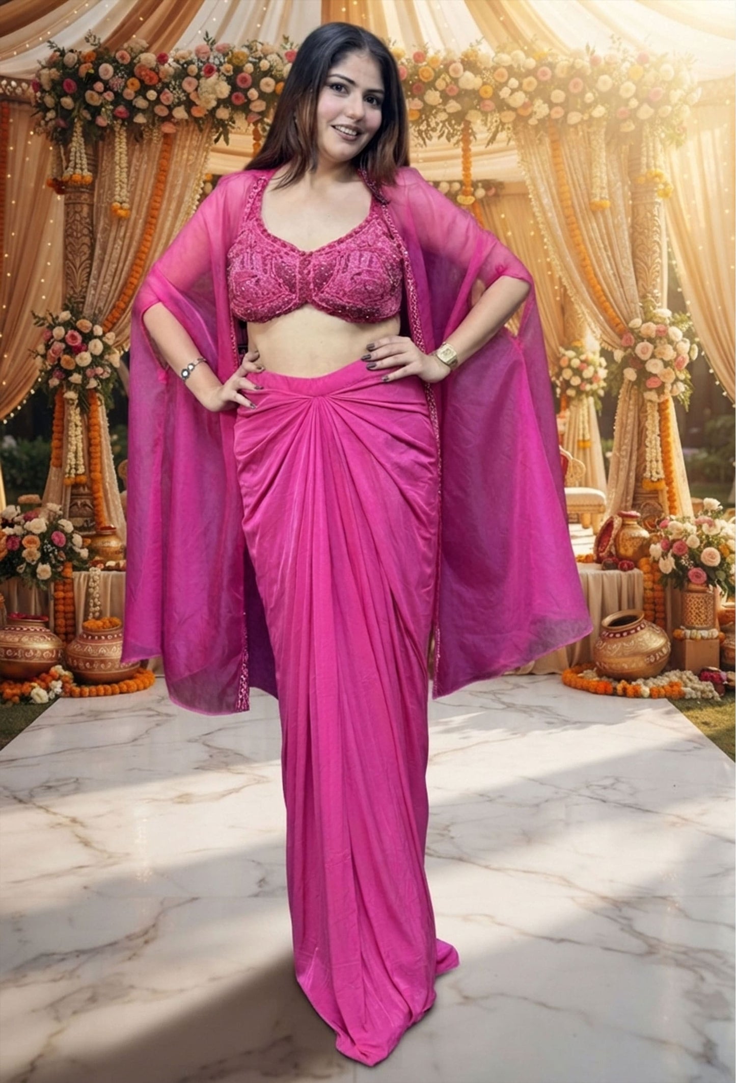 Designer Indo-Western 3-Piece Dress with Embroidered Cape Shrug