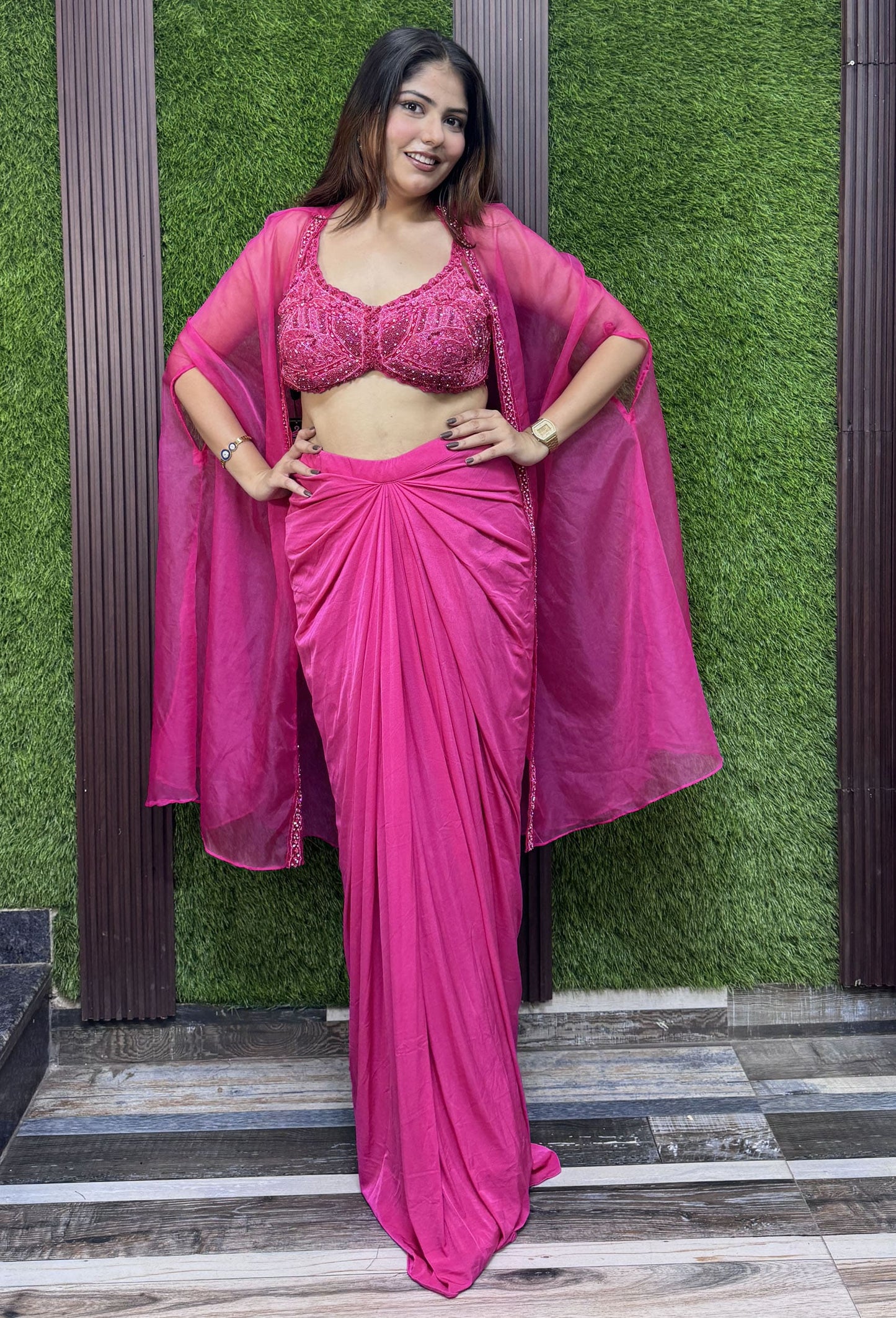 Designer Indo-Western 3-Piece Dress with Embroidered Cape Shrug