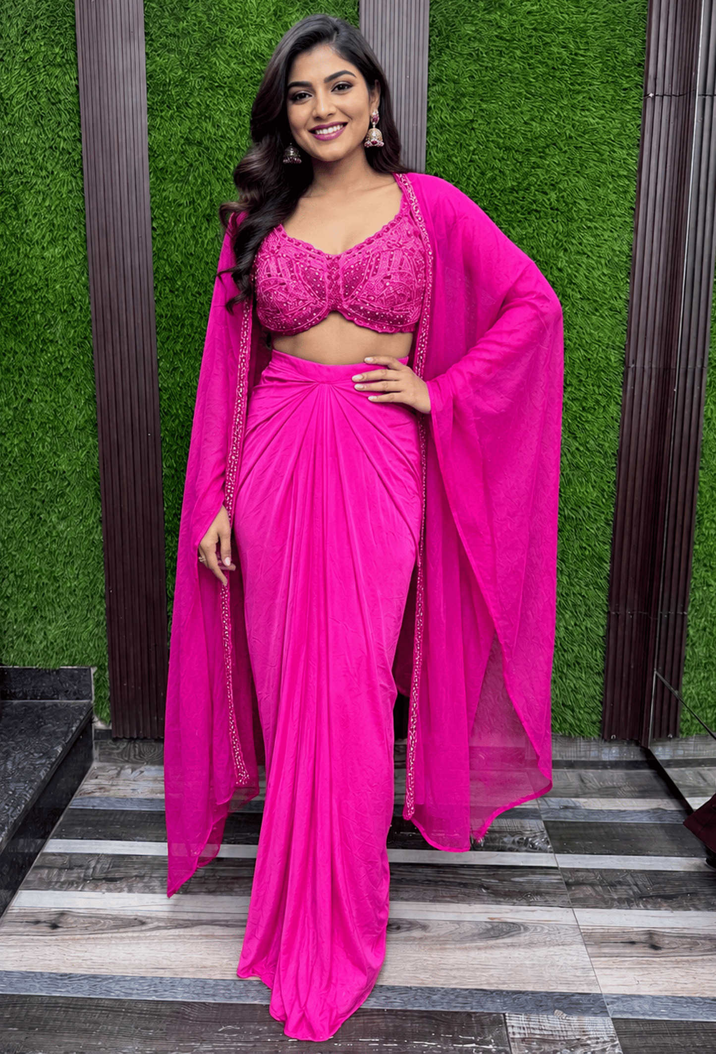 Designer Indo-Western 3-Piece Dress with Embroidered Cape Shrug
