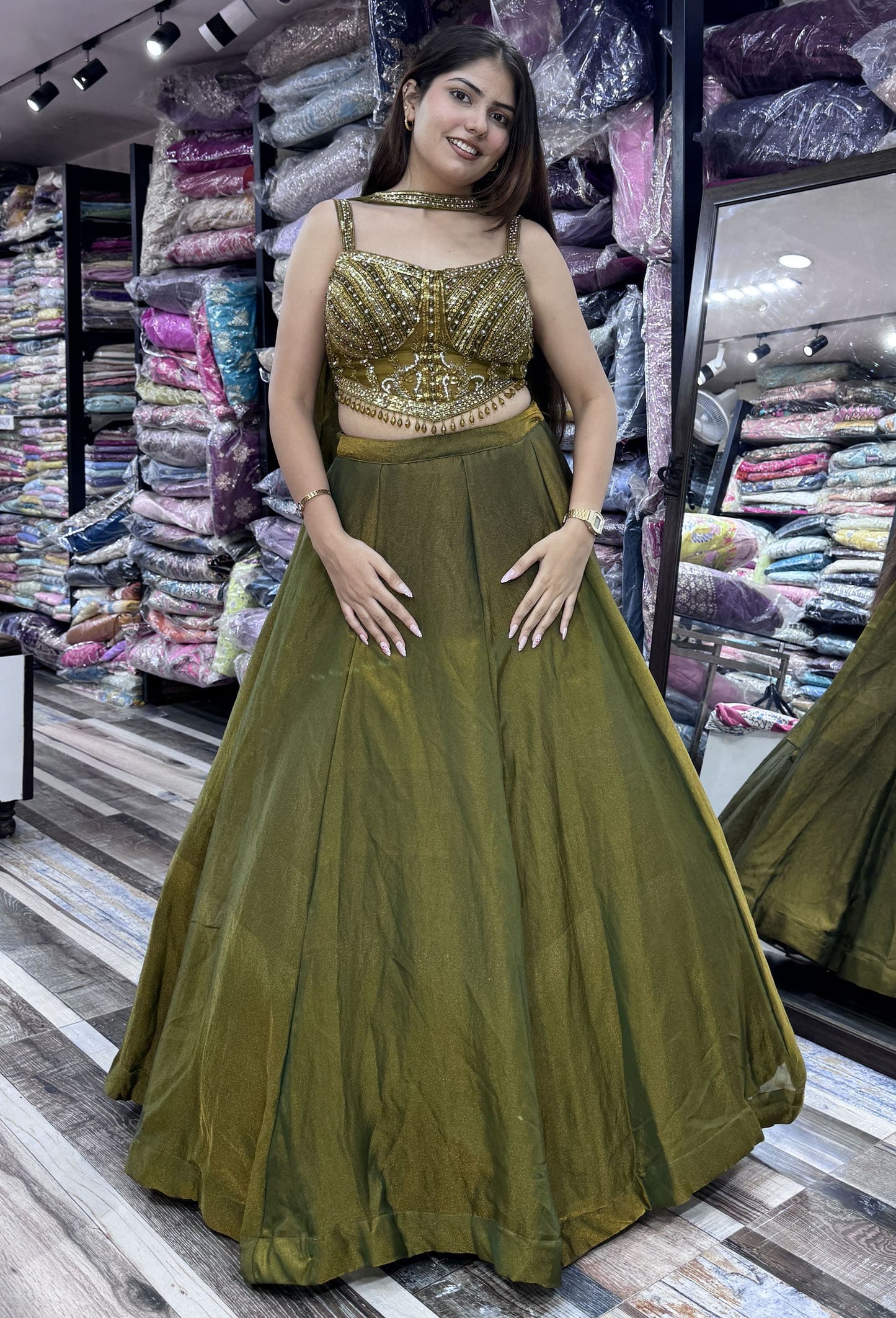 Shimmer Georgette Corset Lehenga Choli with Handwork Choker Dupatta