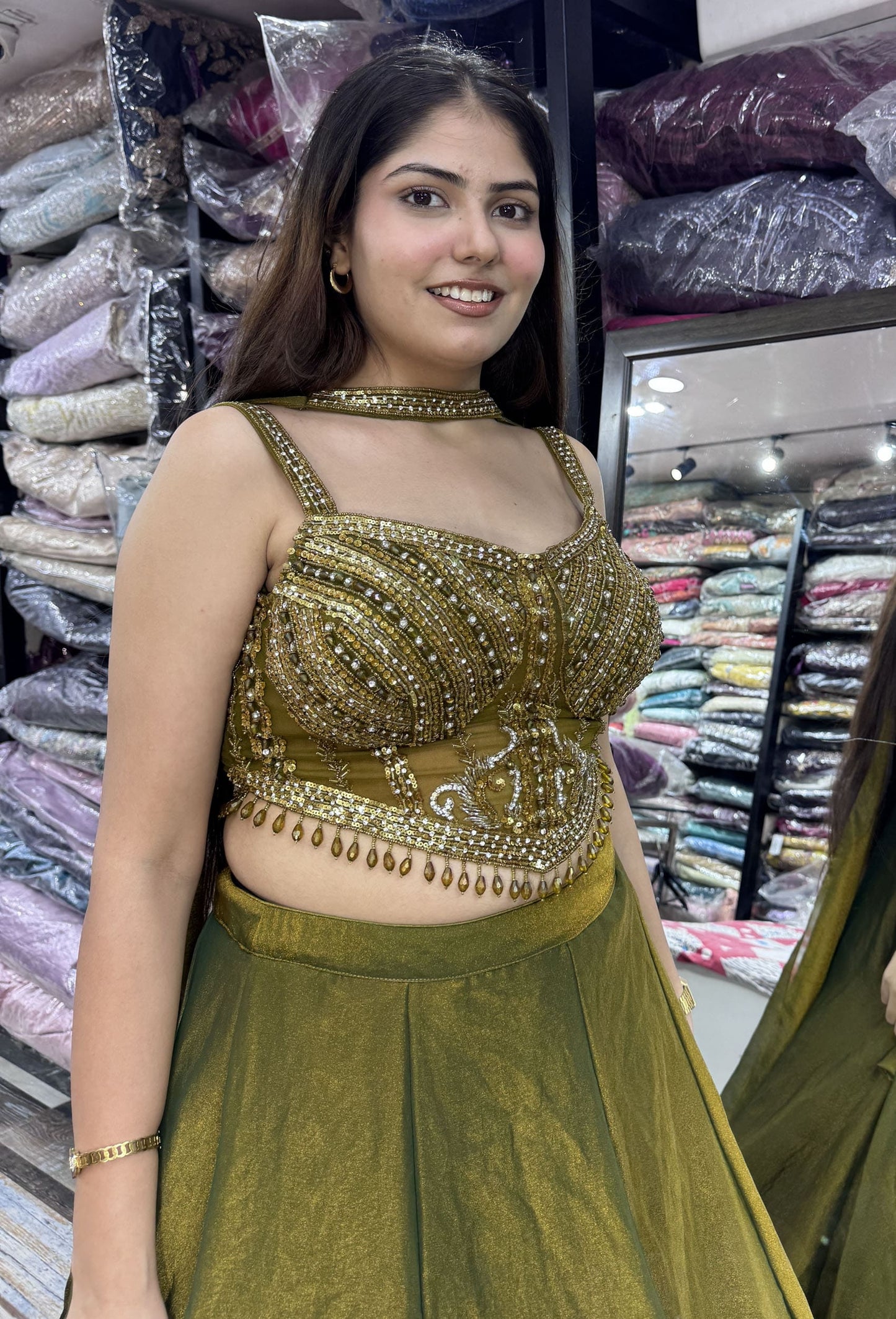 Shimmer Georgette Corset Lehenga Choli with Handwork Choker Dupatta