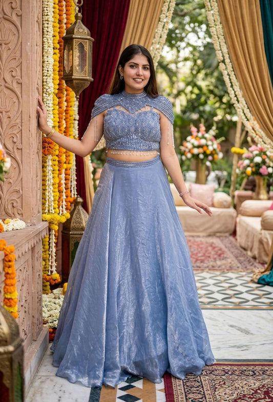 Pure Organza Silk Flared Crop Top Skirt Set with Pochu