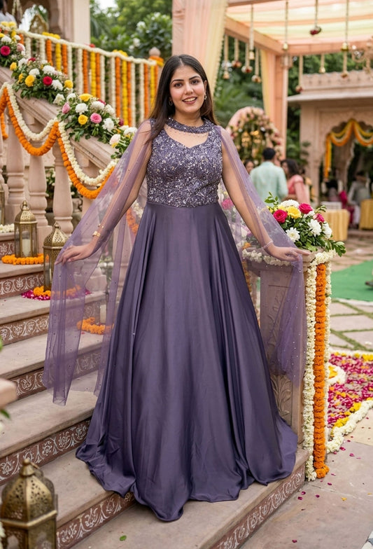 Pure Armani Satin Flared Gown with Cape-Style Falling Sleeves