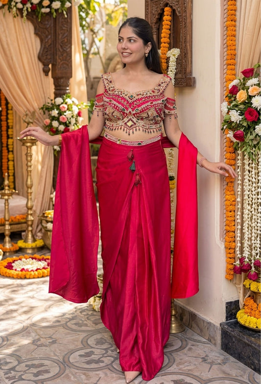 Designer Satin Tulip Style Skirt with Choker Dupatta and  Choli