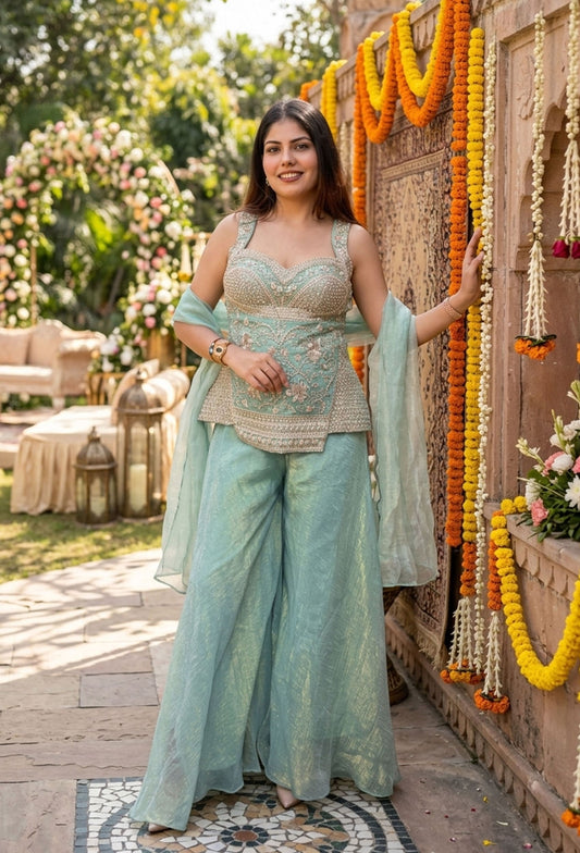 Cord Set-Style Sharara Suit with Spaghetti Neckline and Simple Dupatta