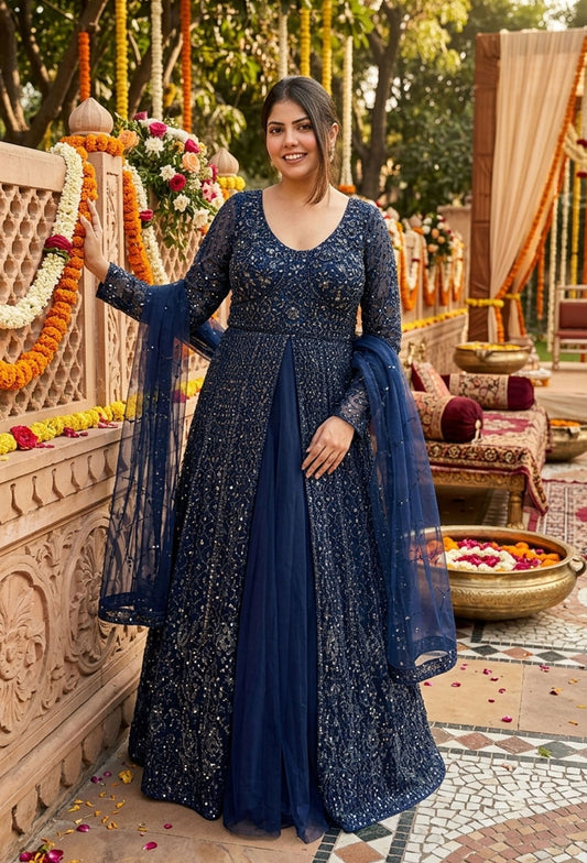 Indo-Western Front Slit Anarkali with Net Lehenga Skirt