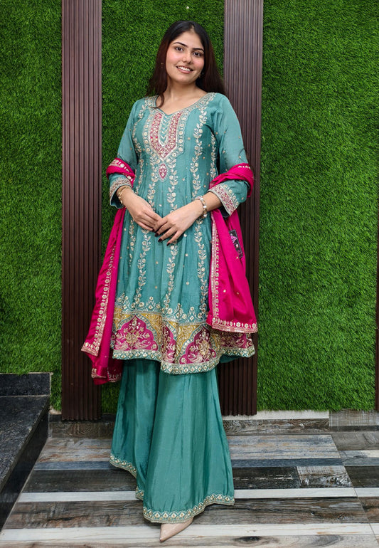 Elegant Chinnon Silk Anarkali Plazo Suit in Gotta Work Embroidery with Contrast Dupatta