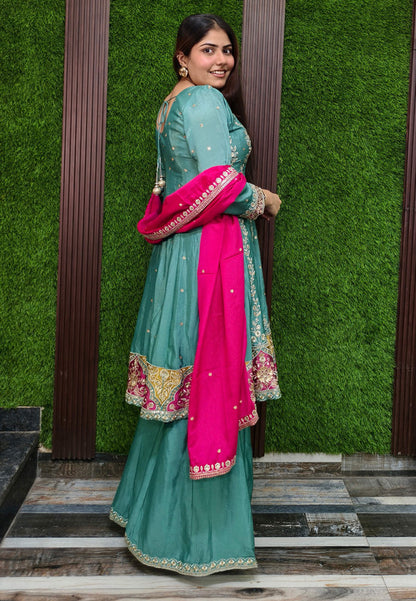 Elegant Chinnon Silk Anarkali Plazo Suit in Gotta Work Embroidery with Contrast Dupatta