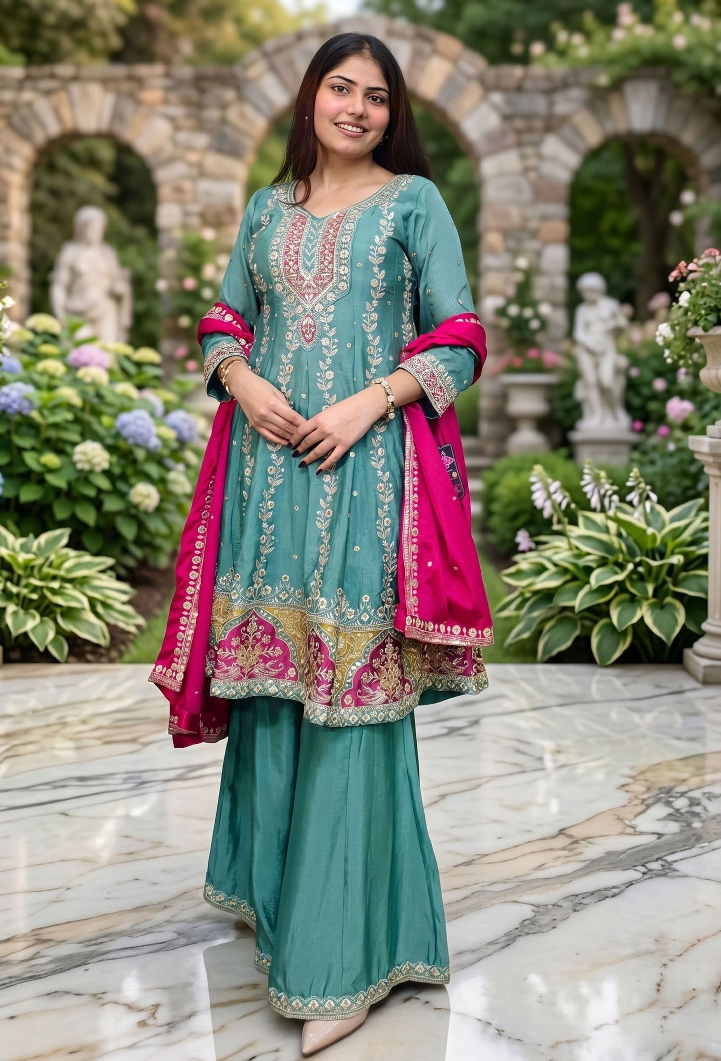 Elegant Chinnon Silk Anarkali Plazo Suit in Gotta Work Embroidery with Contrast Dupatta