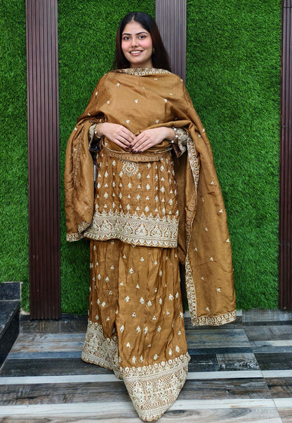 Traditional Chinnon Silk Heavy Dori Embroidered Sharara Suit with Duppatta - Golden Brown