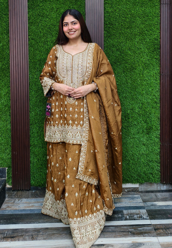 Traditional Chinnon Silk Heavy Dori Embroidered Sharara Suit with Duppatta - Golden Brown