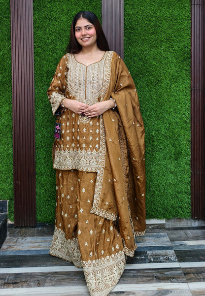 Traditional Chinnon Silk Heavy Dori Embroidered Sharara Suit with Duppatta - Golden Brown