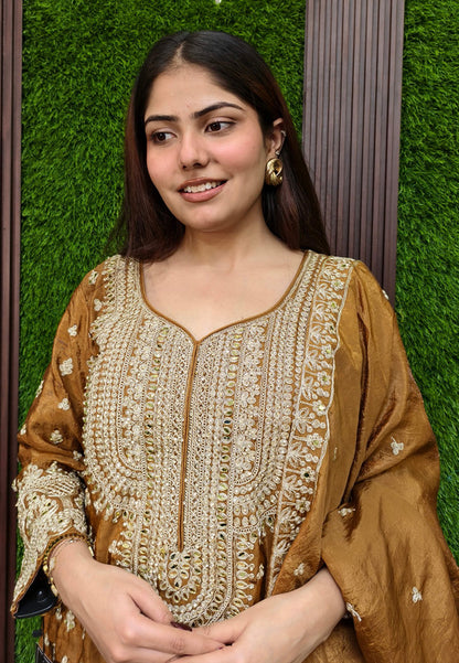 Traditional Chinnon Silk Heavy Dori Embroidered Sharara Suit with Duppatta - Golden Brown