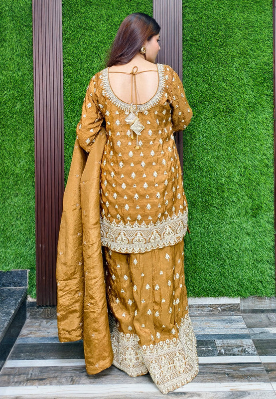 Traditional Chinnon Silk Heavy Dori Embroidered Sharara Suit with Duppatta - Golden Brown