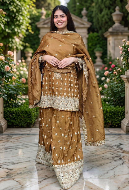 Traditional Chinnon Silk Heavy Dori Embroidered Sharara Suit with Duppatta - Golden Brown