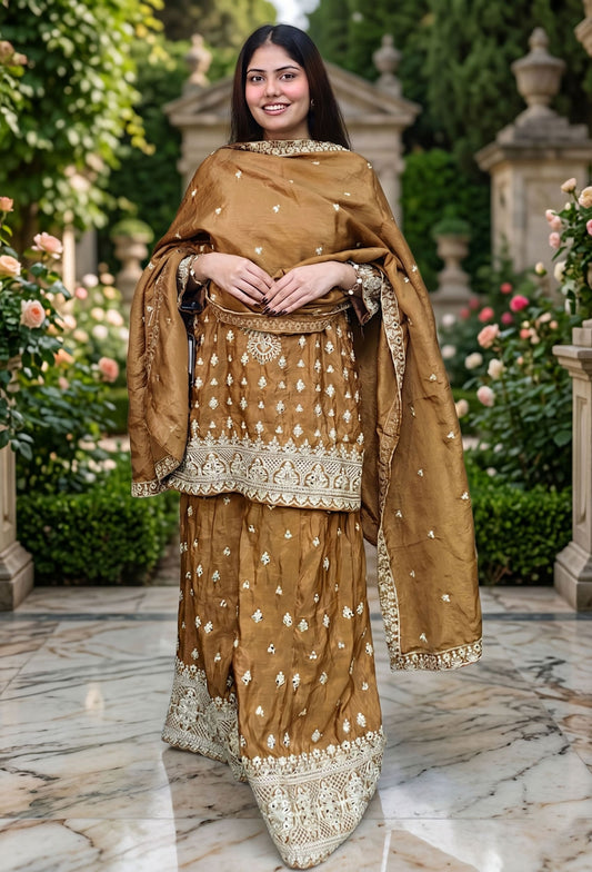 Traditional Chinnon Silk Heavy Dori Embroidered Sharara Suit with Duppatta - Golden Brown