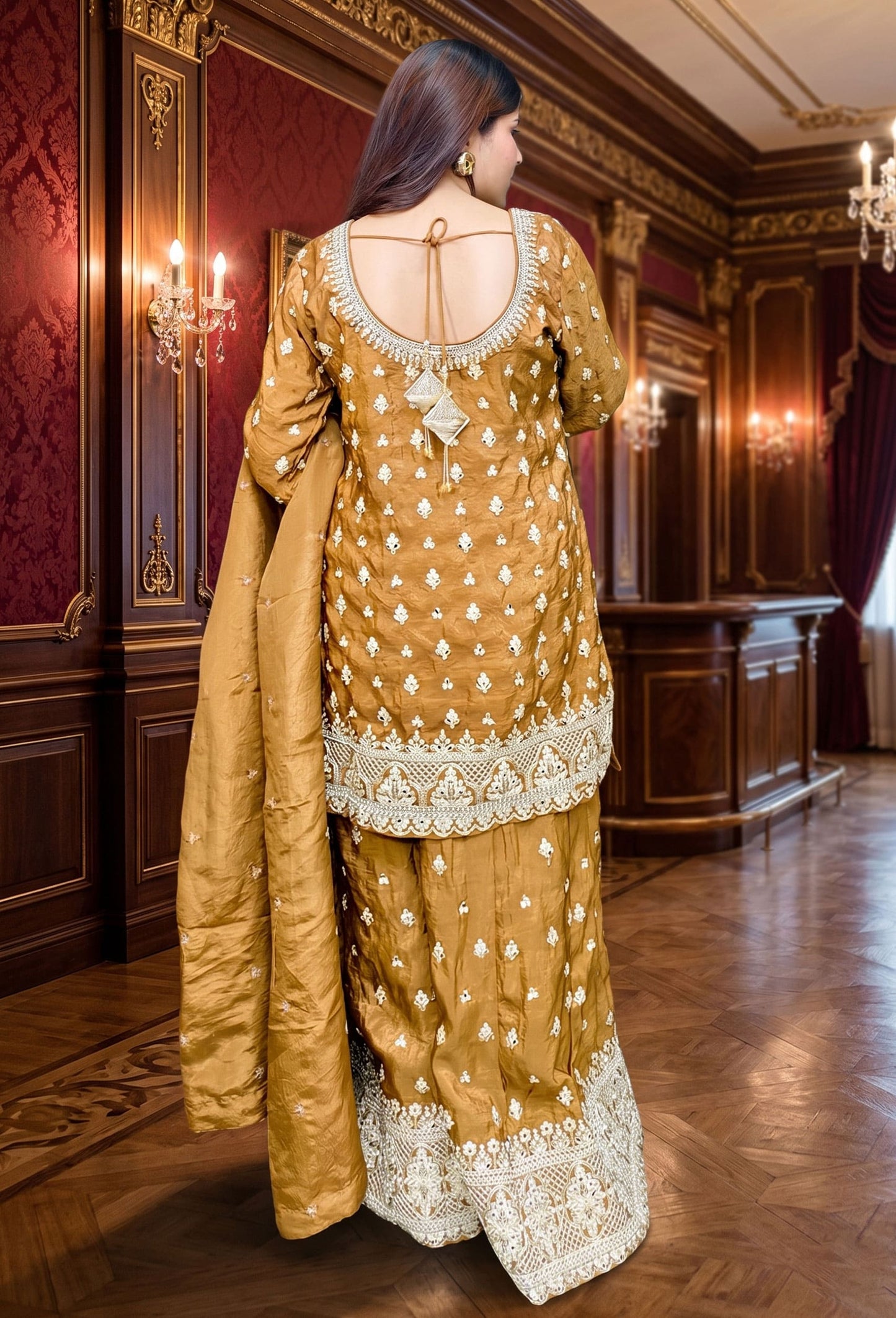 Traditional Chinnon Silk Heavy Dori Embroidered Sharara Suit with Duppatta - Golden Brown