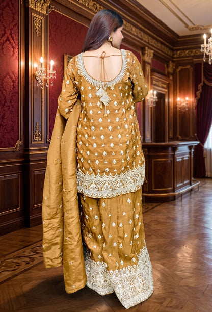Traditional Chinnon Silk Heavy Dori Embroidered Sharara Suit with Duppatta - Golden Brown