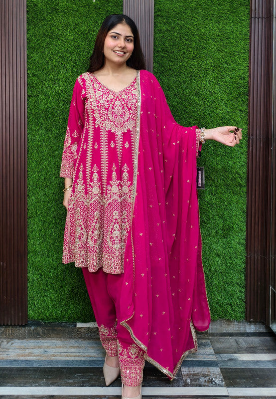 Pearl And Dori Embroidered Anarkali Patiala Salwar Suit With Heavy Duppatta - Hot Pink