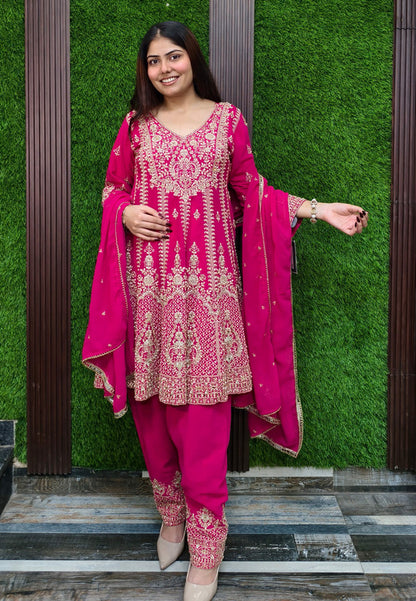 Pearl And Dori Embroidered Anarkali Patiala Salwar Suit With Heavy Duppatta - Hot Pink