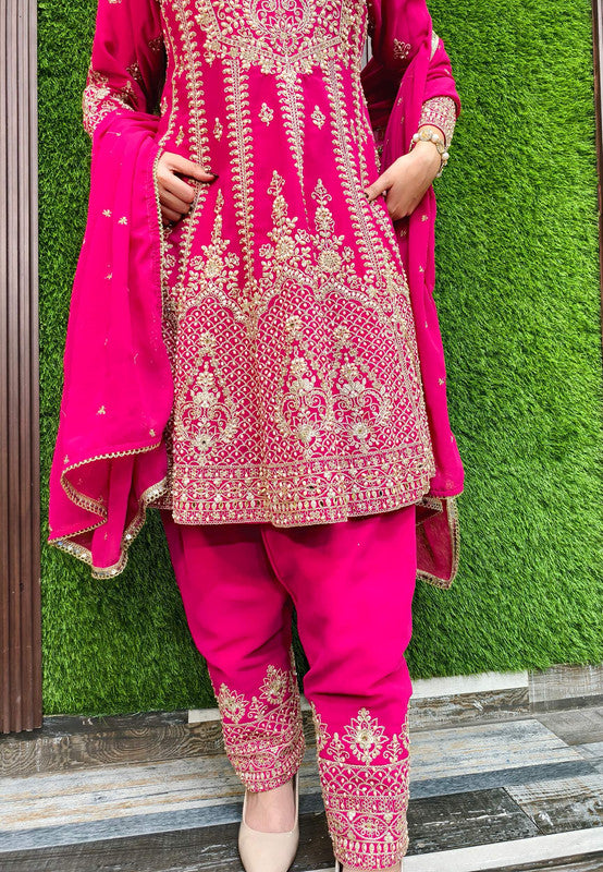 Pearl And Dori Embroidered Anarkali Patiala Salwar Suit With Heavy Duppatta - Hot Pink