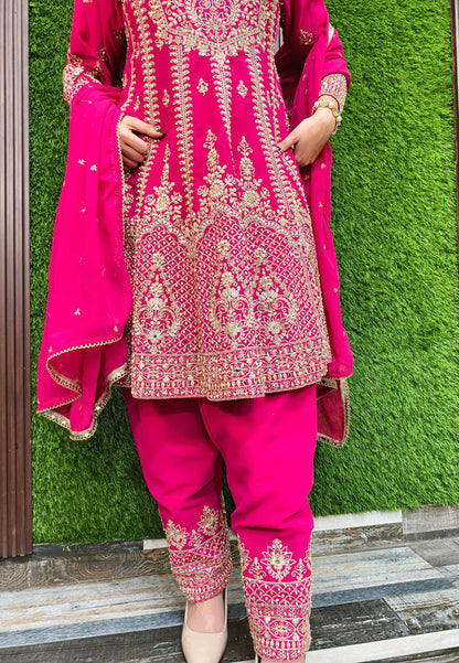 Pearl And Dori Embroidered Anarkali Patiala Salwar Suit With Heavy Duppatta - Hot Pink