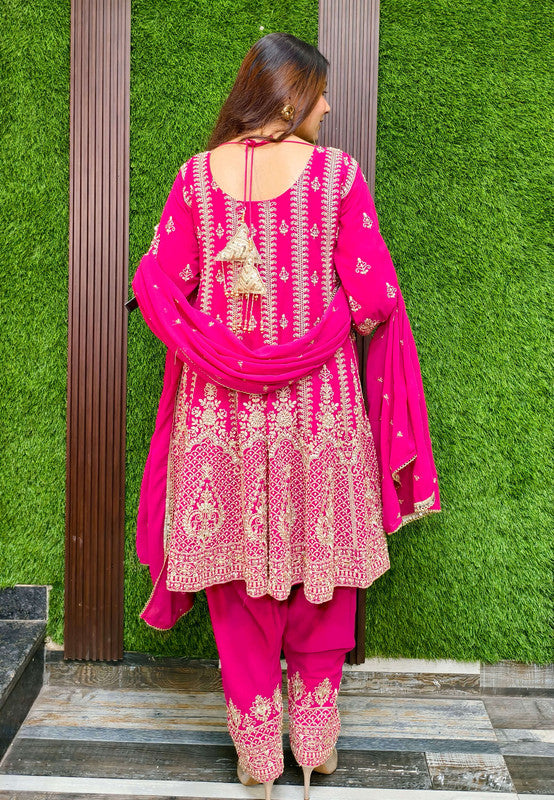 Pearl And Dori Embroidered Anarkali Patiala Salwar Suit With Heavy Duppatta - Hot Pink