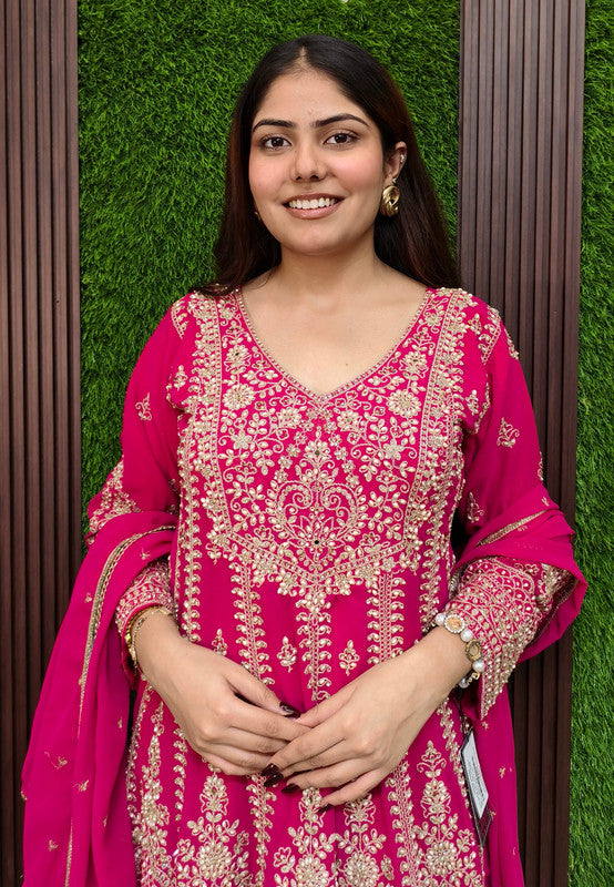 Pearl And Dori Embroidered Anarkali Patiala Salwar Suit With Heavy Duppatta - Hot Pink