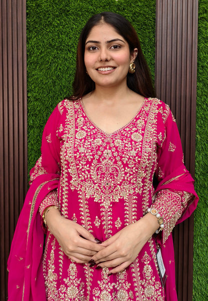 Pearl And Dori Embroidered Anarkali Patiala Salwar Suit With Heavy Duppatta - Hot Pink