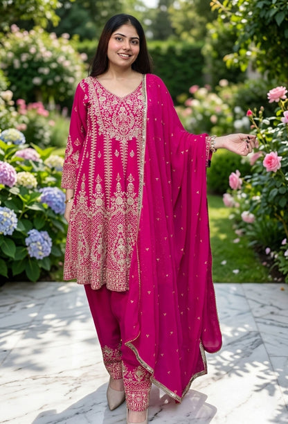 Pearl And Dori Embroidered Anarkali Patiala Salwar Suit With Heavy Duppatta - Hot Pink
