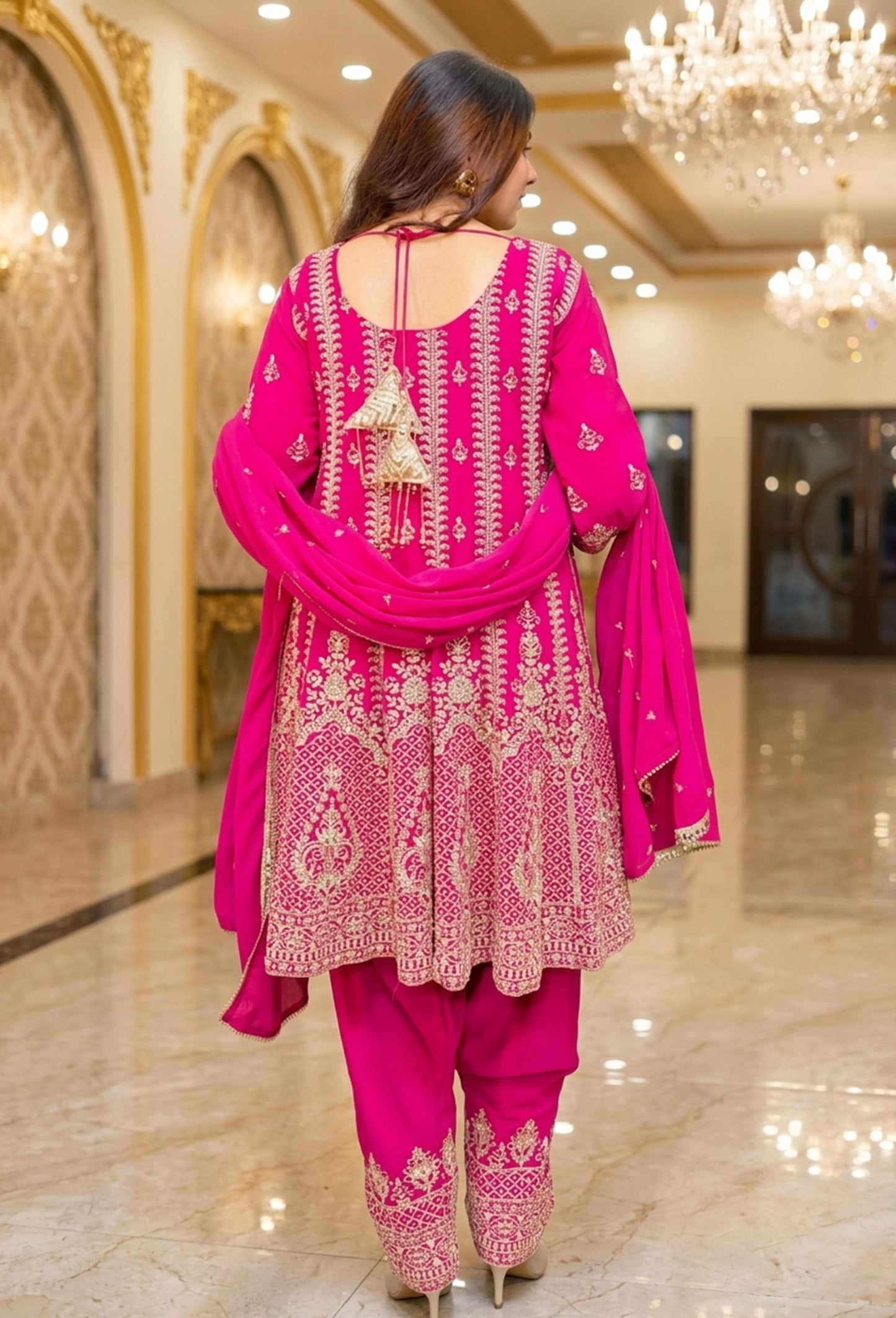 Pearl And Dori Embroidered Anarkali Patiala Salwar Suit With Heavy Duppatta - Hot Pink