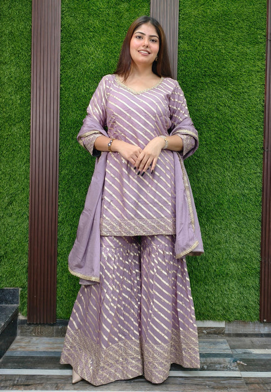 Designer Tissue Silk Leheriya Straight Sharara Suit in Settle Zari Embroidery Work with Duppatta