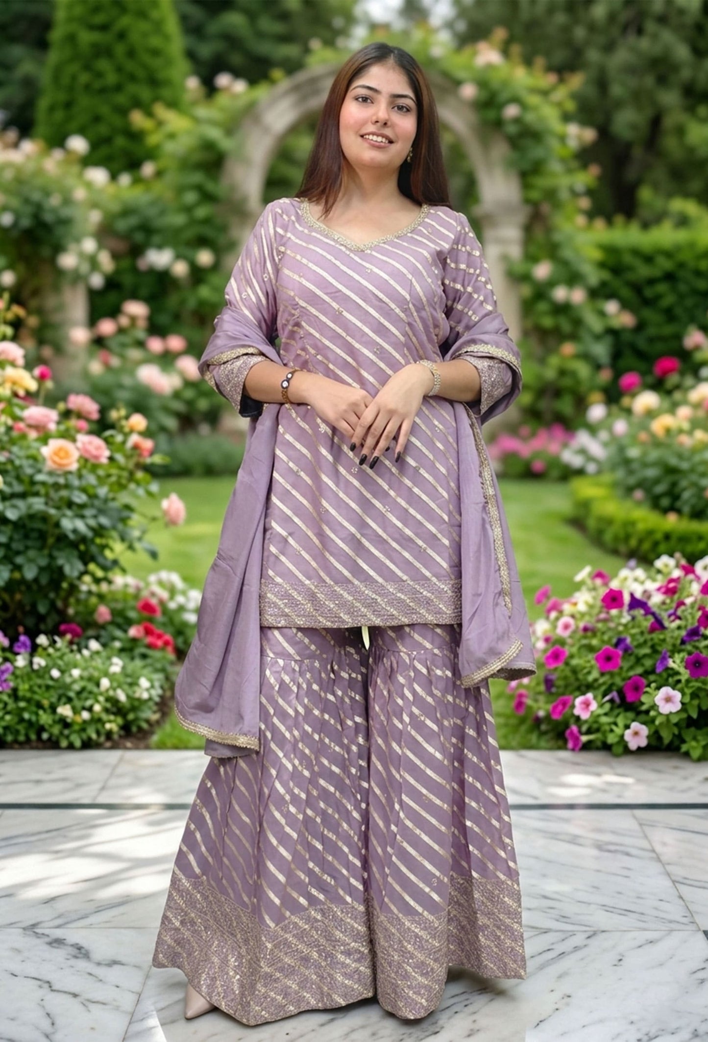 Designer Tissue Silk Leheriya Straight Sharara Suit in Settle Zari Embroidery Work with Duppatta