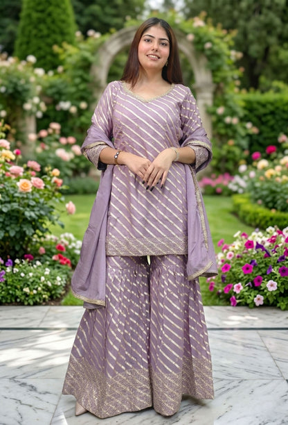 Designer Tissue Silk Leheriya Straight Sharara Suit in Settle Zari Embroidery Work with Duppatta