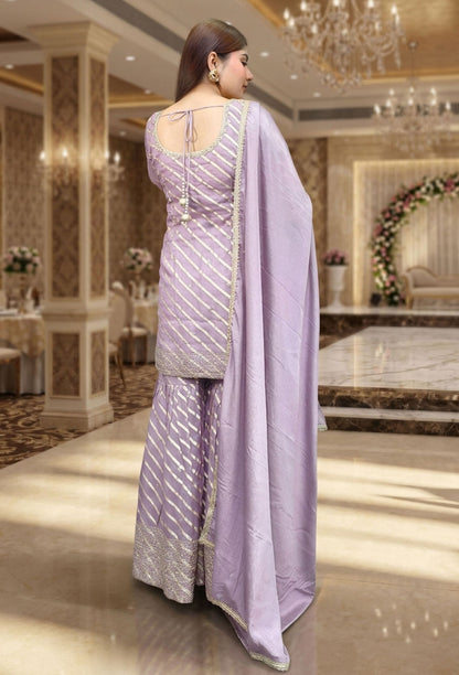 Designer Tissue Silk Leheriya Straight Sharara Suit in Settle Zari Embroidery Work with Duppatta