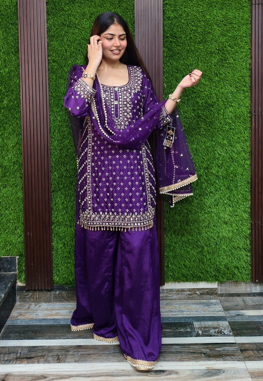 Beautiful Chinnon Silk Heavy Dabka and Mirror Hand-Work Sharara Suit with Duppatta - Purple
