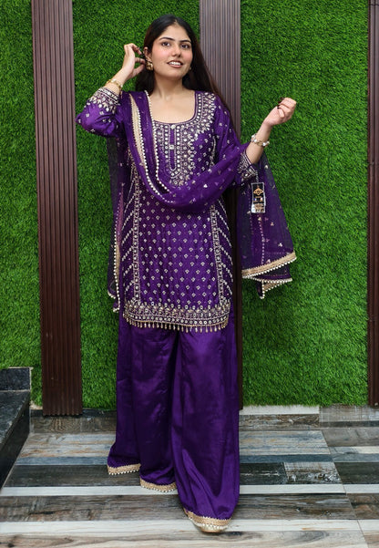 Beautiful Chinnon Silk Heavy Dabka and Mirror Hand-Work Sharara Suit with Duppatta - Purple