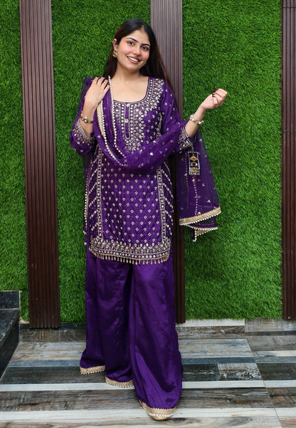 Beautiful Chinnon Silk Heavy Dabka and Mirror Hand-Work Sharara Suit with Duppatta - Purple