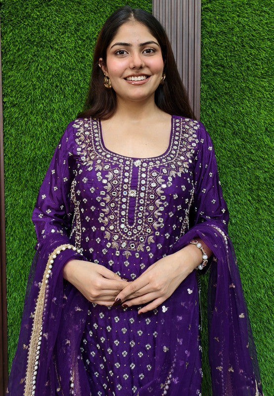 Beautiful Chinnon Silk Heavy Dabka and Mirror Hand-Work Sharara Suit with Duppatta - Purple