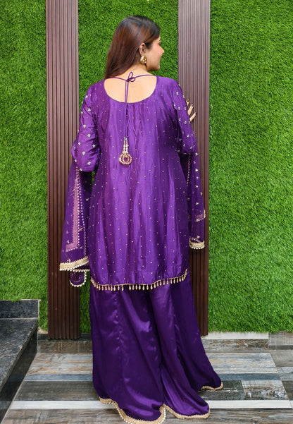 Beautiful Chinnon Silk Heavy Dabka and Mirror Hand-Work Sharara Suit with Duppatta - Purple