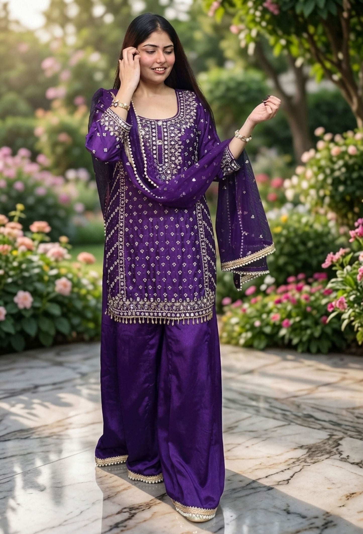 Beautiful Chinnon Silk Heavy Dabka and Mirror Hand-Work Sharara Suit with Duppatta - Purple