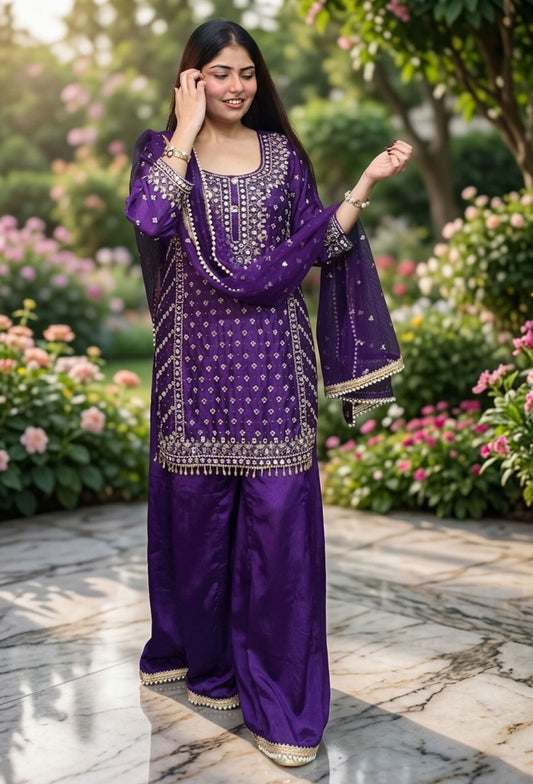 Beautiful Chinnon Silk Heavy Dabka and Mirror Hand-Work Sharara Suit with Duppatta - Purple