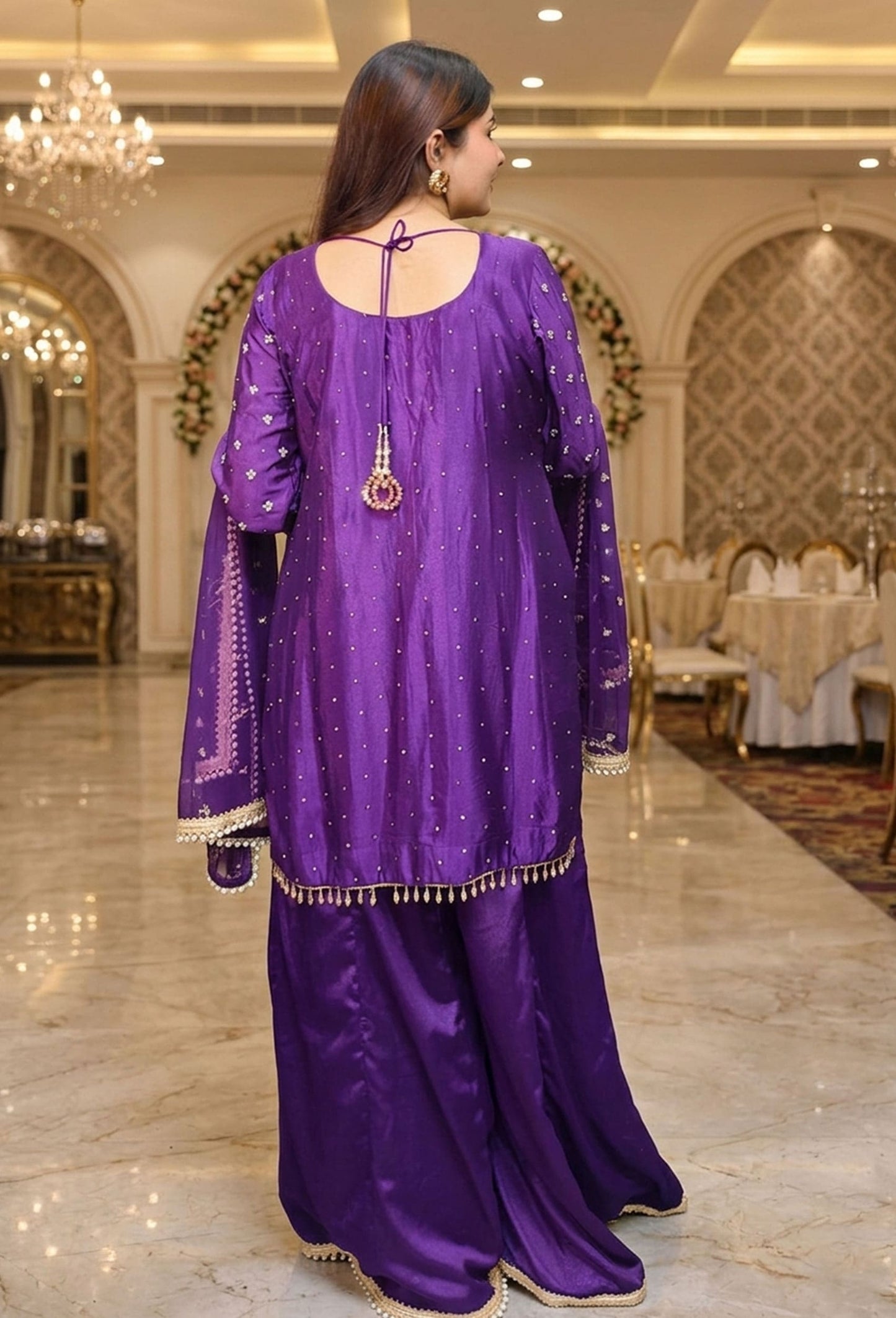 Beautiful Chinnon Silk Heavy Dabka and Mirror Hand-Work Sharara Suit with Duppatta - Purple