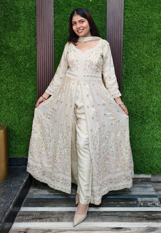Indo western Style Heavy Hand Beaded Work Long Anarkali Trouser Pants Set with Front Slit - Off White