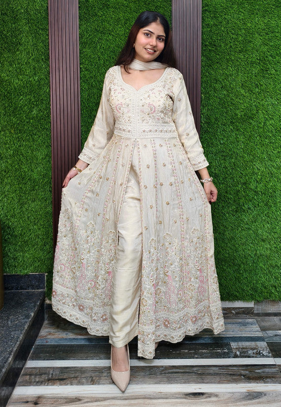 Indo western Style Heavy Hand Beaded Work Long Anarkali Trouser Pants Set with Front Slit - Off White